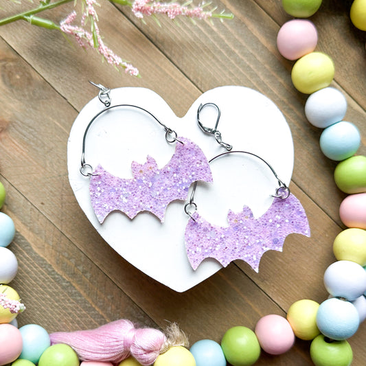 Purple Beak Glitter Bat Leather Earrings